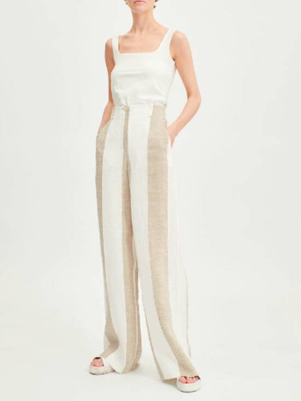 Annette Gortz Tabbi Taupe & White Linen Striped Wide-Leg Pants